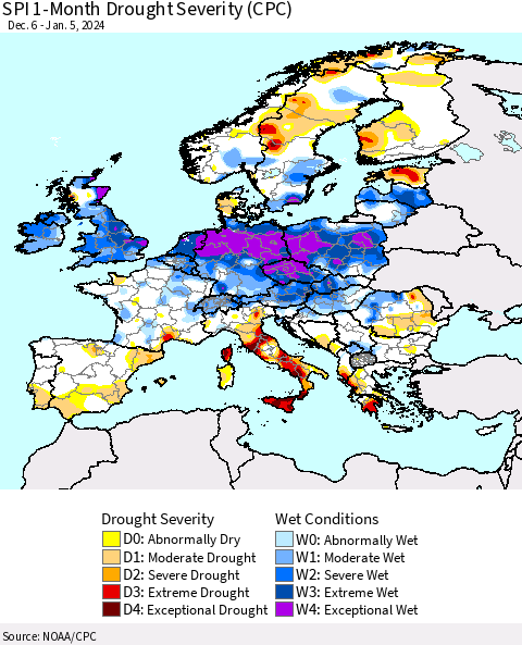 Europe SPI 1-Month Drought Severity (CPC) Thematic Map For 12/6/2023 - 1/5/2024