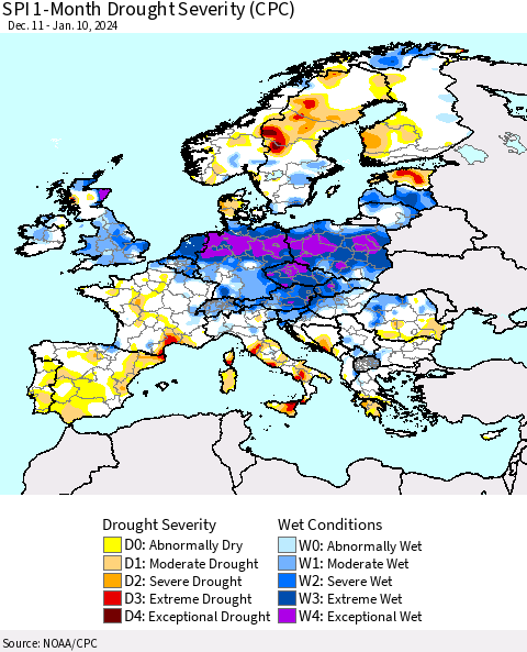 Europe SPI 1-Month Drought Severity (CPC) Thematic Map For 12/11/2023 - 1/10/2024