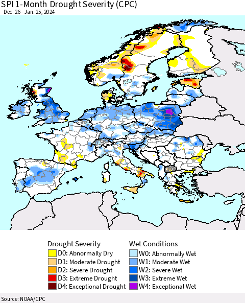 Europe SPI 1-Month Drought Severity (CPC) Thematic Map For 12/26/2023 - 1/25/2024