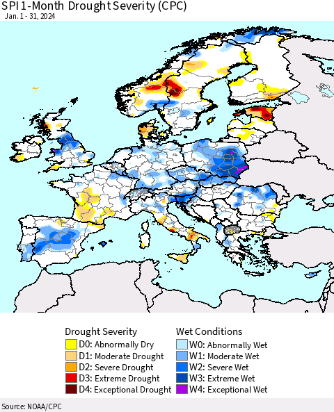 Europe SPI 1-Month Drought Severity (CPC) Thematic Map For 1/1/2024 - 1/31/2024
