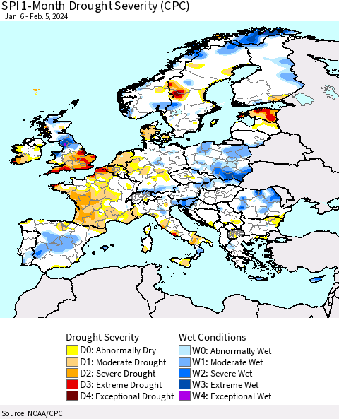 Europe SPI 1-Month Drought Severity (CPC) Thematic Map For 1/6/2024 - 2/5/2024