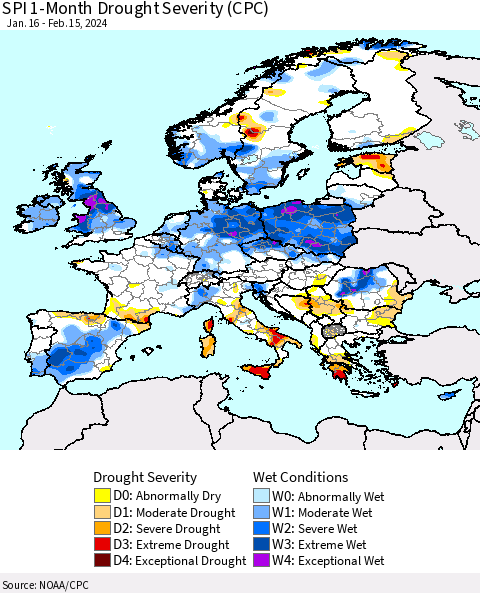 Europe SPI 1-Month Drought Severity (CPC) Thematic Map For 1/16/2024 - 2/15/2024