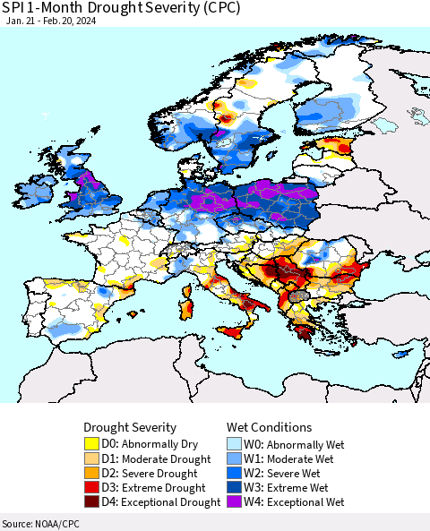 Europe SPI 1-Month Drought Severity (CPC) Thematic Map For 1/21/2024 - 2/20/2024