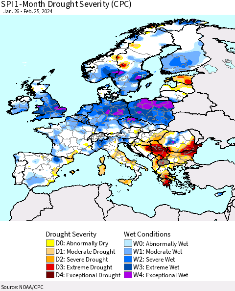 Europe SPI 1-Month Drought Severity (CPC) Thematic Map For 1/26/2024 - 2/25/2024