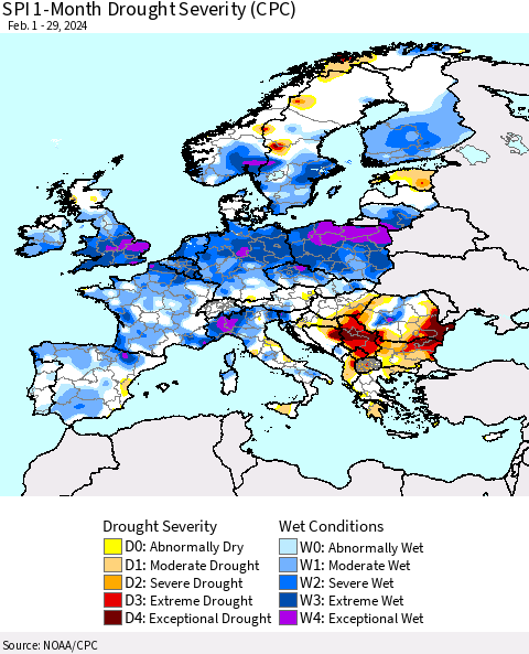 Europe SPI 1-Month Drought Severity (CPC) Thematic Map For 2/1/2024 - 2/29/2024