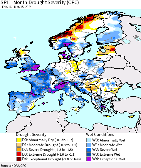 Europe SPI 1-Month Drought Severity (CPC) Thematic Map For 2/16/2024 - 3/15/2024