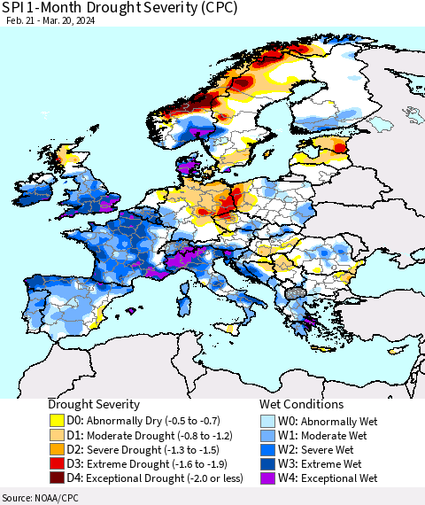 Europe SPI 1-Month Drought Severity (CPC) Thematic Map For 2/21/2024 - 3/20/2024