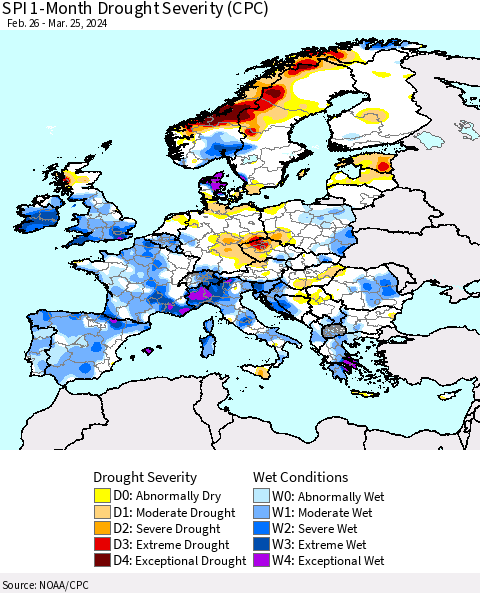 Europe SPI 1-Month Drought Severity (CPC) Thematic Map For 2/26/2024 - 3/25/2024