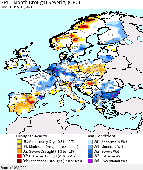 Europe SPI 1-Month Drought Severity (CPC) Thematic Map For 4/11/2024 - 5/10/2024
