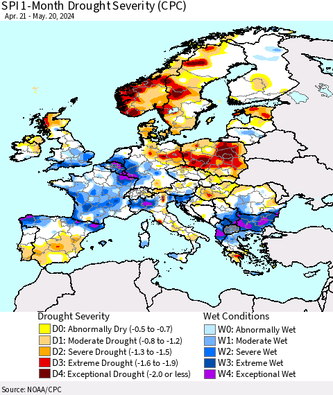 Europe SPI 1-Month Drought Severity (CPC) Thematic Map For 4/21/2024 - 5/20/2024