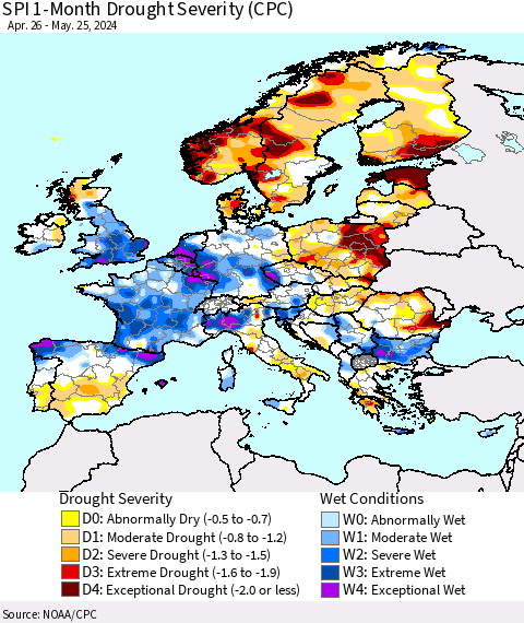 Europe SPI 1-Month Drought Severity (CPC) Thematic Map For 4/26/2024 - 5/25/2024