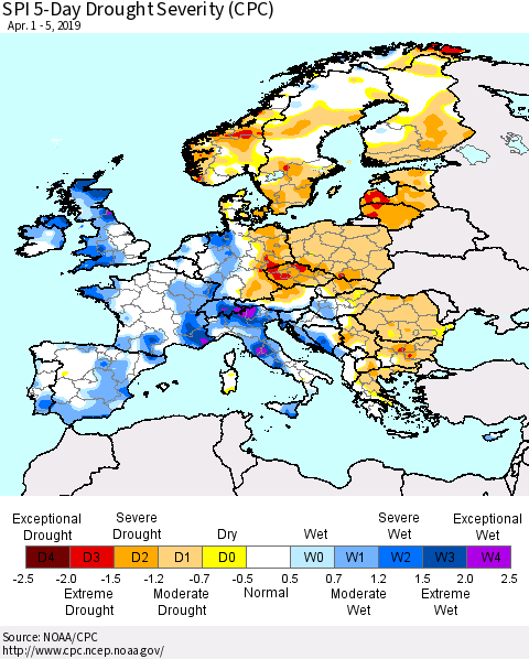Europe SPI 5-Day Drought Severity (CPC) Thematic Map For 4/1/2019 - 4/5/2019