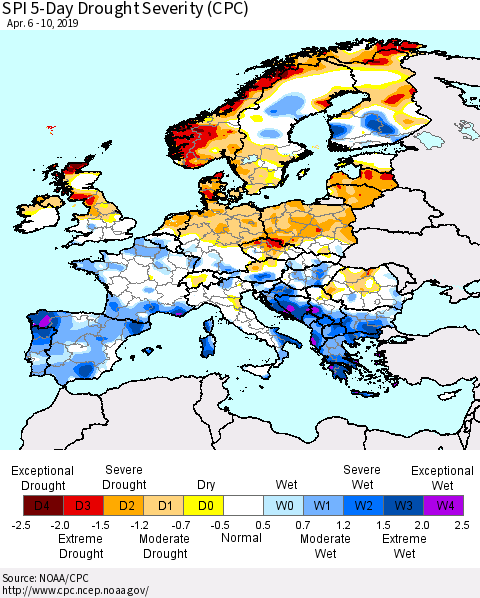 Europe SPI 5-Day Drought Severity (CPC) Thematic Map For 4/6/2019 - 4/10/2019