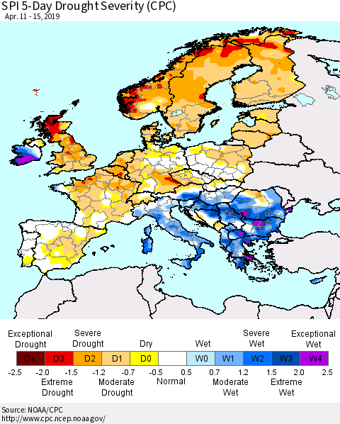 Europe SPI 5-Day Drought Severity (CPC) Thematic Map For 4/11/2019 - 4/15/2019