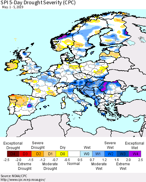 Europe SPI 5-Day Drought Severity (CPC) Thematic Map For 5/1/2019 - 5/5/2019