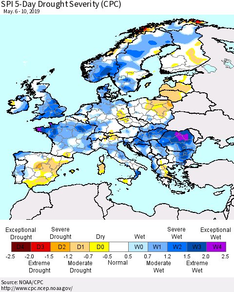 Europe SPI 5-Day Drought Severity (CPC) Thematic Map For 5/6/2019 - 5/10/2019