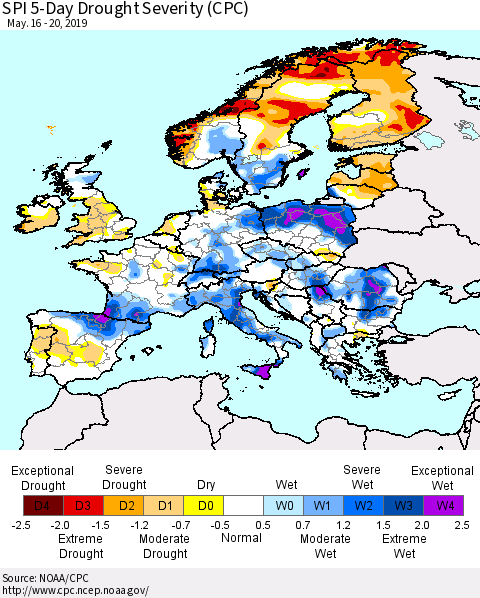 Europe SPI 5-Day Drought Severity (CPC) Thematic Map For 5/16/2019 - 5/20/2019