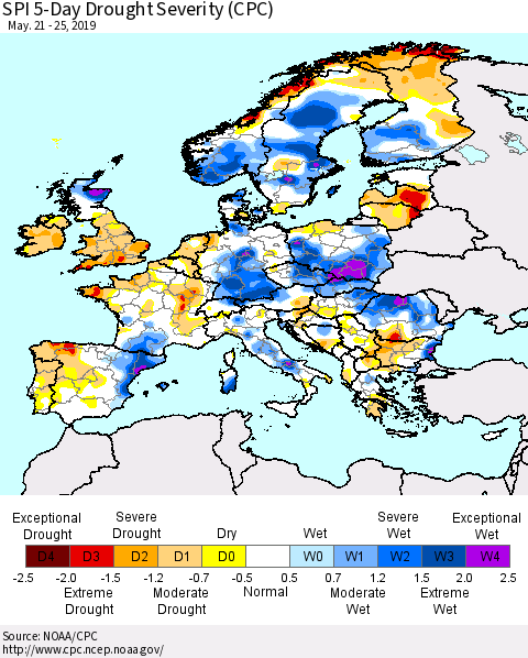 Europe SPI 5-Day Drought Severity (CPC) Thematic Map For 5/21/2019 - 5/25/2019