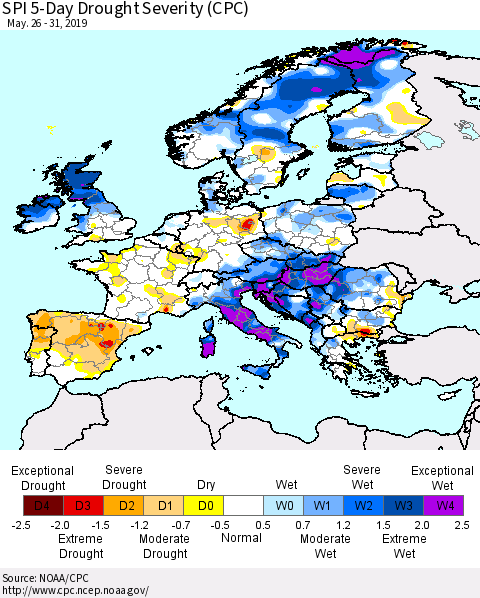 Europe SPI 5-Day Drought Severity (CPC) Thematic Map For 5/26/2019 - 5/31/2019