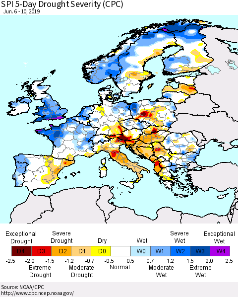 Europe SPI 5-Day Drought Severity (CPC) Thematic Map For 6/6/2019 - 6/10/2019