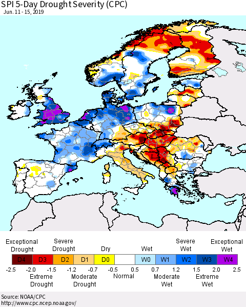 Europe SPI 5-Day Drought Severity (CPC) Thematic Map For 6/11/2019 - 6/15/2019