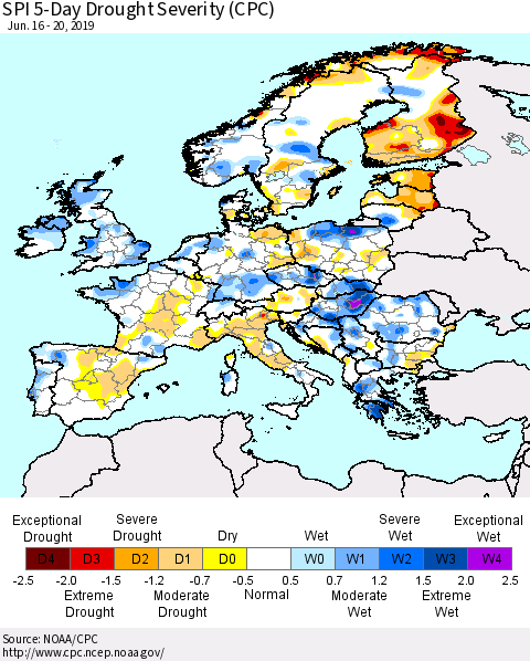 Europe SPI 5-Day Drought Severity (CPC) Thematic Map For 6/16/2019 - 6/20/2019