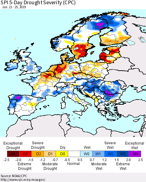 Europe SPI 5-Day Drought Severity (CPC) Thematic Map For 6/21/2019 - 6/25/2019