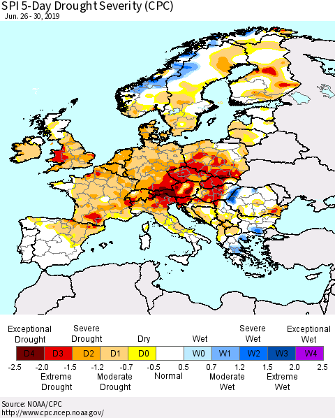 Europe SPI 5-Day Drought Severity (CPC) Thematic Map For 6/26/2019 - 6/30/2019