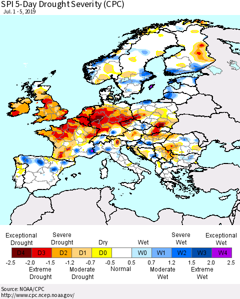 Europe SPI 5-Day Drought Severity (CPC) Thematic Map For 7/1/2019 - 7/5/2019