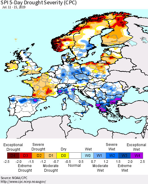 Europe SPI 5-Day Drought Severity (CPC) Thematic Map For 7/11/2019 - 7/15/2019
