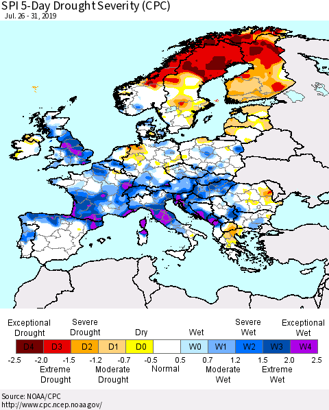 Europe SPI 5-Day Drought Severity (CPC) Thematic Map For 7/26/2019 - 7/31/2019