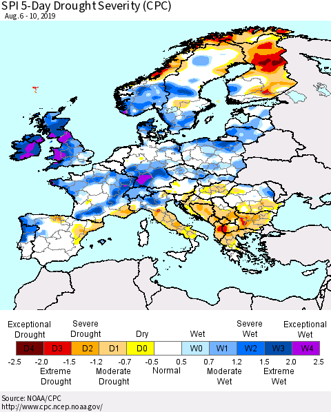 Europe SPI 5-Day Drought Severity (CPC) Thematic Map For 8/6/2019 - 8/10/2019