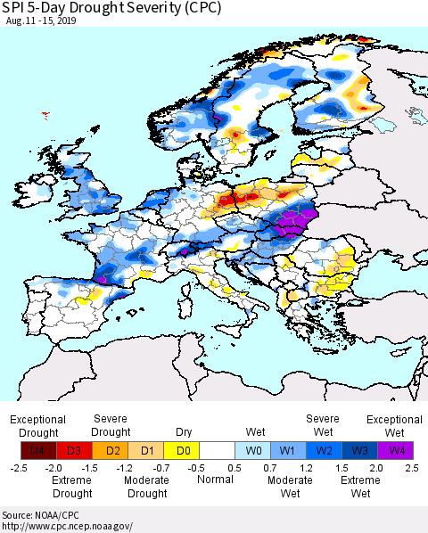 Europe SPI 5-Day Drought Severity (CPC) Thematic Map For 8/11/2019 - 8/15/2019