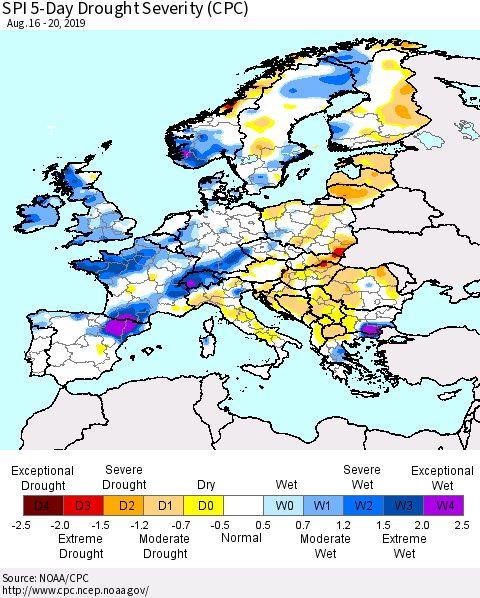 Europe SPI 5-Day Drought Severity (CPC) Thematic Map For 8/16/2019 - 8/20/2019