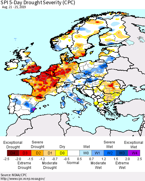 Europe SPI 5-Day Drought Severity (CPC) Thematic Map For 8/21/2019 - 8/25/2019