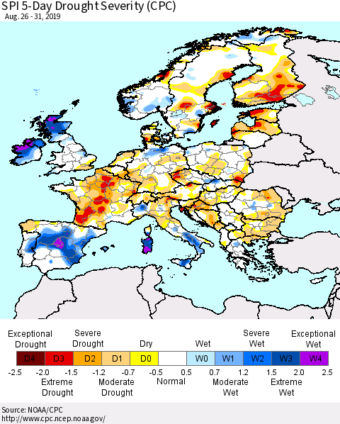 Europe SPI 5-Day Drought Severity (CPC) Thematic Map For 8/26/2019 - 8/31/2019