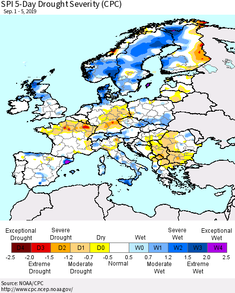Europe SPI 5-Day Drought Severity (CPC) Thematic Map For 9/1/2019 - 9/5/2019
