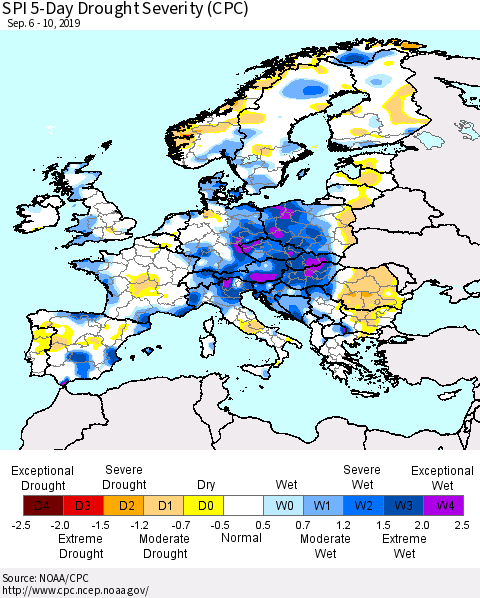 Europe SPI 5-Day Drought Severity (CPC) Thematic Map For 9/6/2019 - 9/10/2019