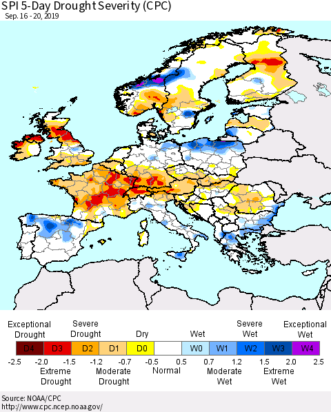 Europe SPI 5-Day Drought Severity (CPC) Thematic Map For 9/16/2019 - 9/20/2019