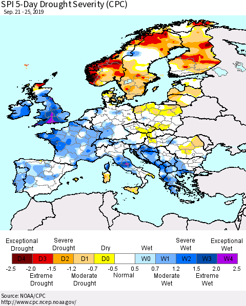 Europe SPI 5-Day Drought Severity (CPC) Thematic Map For 9/21/2019 - 9/25/2019