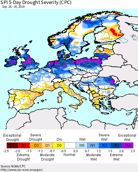 Europe SPI 5-Day Drought Severity (CPC) Thematic Map For 9/26/2019 - 9/30/2019