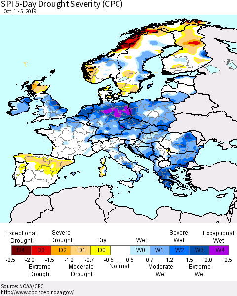 Europe SPI 5-Day Drought Severity (CPC) Thematic Map For 10/1/2019 - 10/5/2019