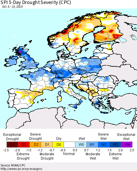 Europe SPI 5-Day Drought Severity (CPC) Thematic Map For 10/6/2019 - 10/10/2019