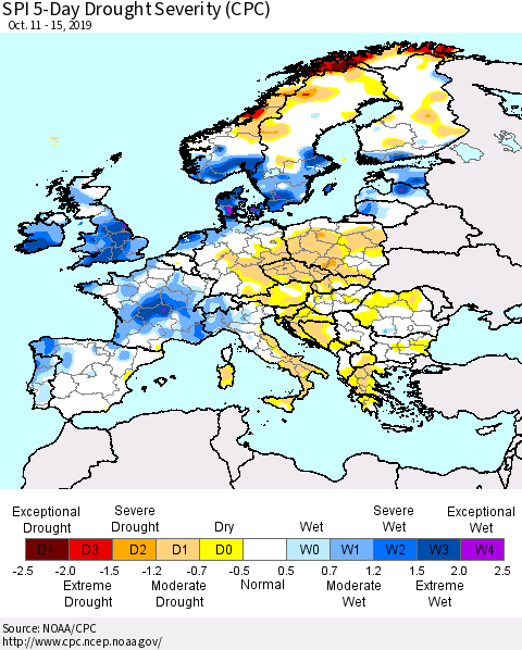 Europe SPI 5-Day Drought Severity (CPC) Thematic Map For 10/11/2019 - 10/15/2019