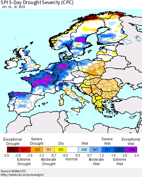 Europe SPI 5-Day Drought Severity (CPC) Thematic Map For 10/16/2019 - 10/20/2019