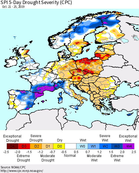 Europe SPI 5-Day Drought Severity (CPC) Thematic Map For 10/21/2019 - 10/25/2019