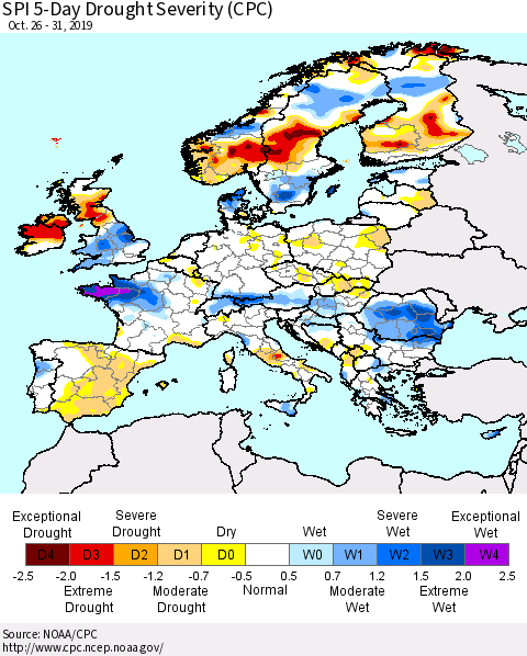 Europe SPI 5-Day Drought Severity (CPC) Thematic Map For 10/26/2019 - 10/31/2019