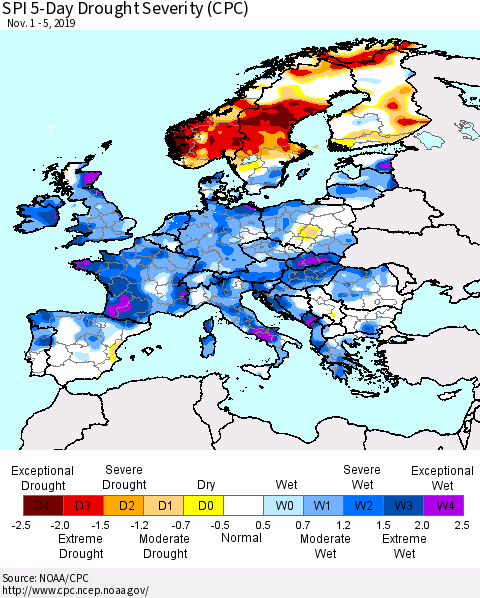 Europe SPI 5-Day Drought Severity (CPC) Thematic Map For 11/1/2019 - 11/5/2019