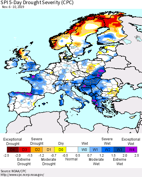 Europe SPI 5-Day Drought Severity (CPC) Thematic Map For 11/6/2019 - 11/10/2019