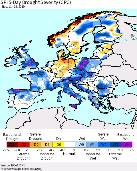 Europe SPI 5-Day Drought Severity (CPC) Thematic Map For 11/11/2019 - 11/15/2019